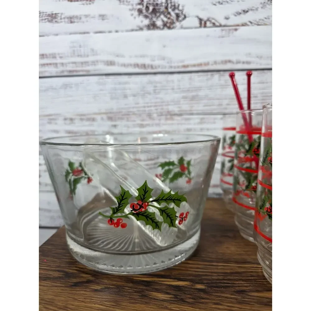 Vintage Indiana Glass Christmas Holly Hostess Set Ice Bucket Glasses READ